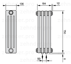 Схема (чертеж) Радиатор Zehnder Charleston 4075/4 №5410 Белый глянцевый RAL 9016